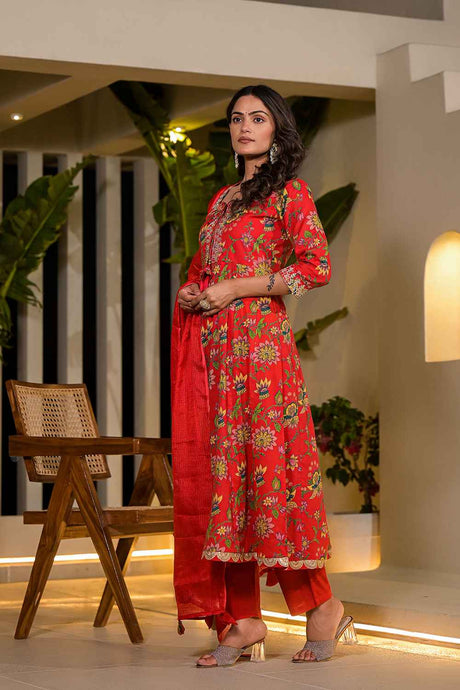 Red Floral Print Embroidered Cotton Kurta Set