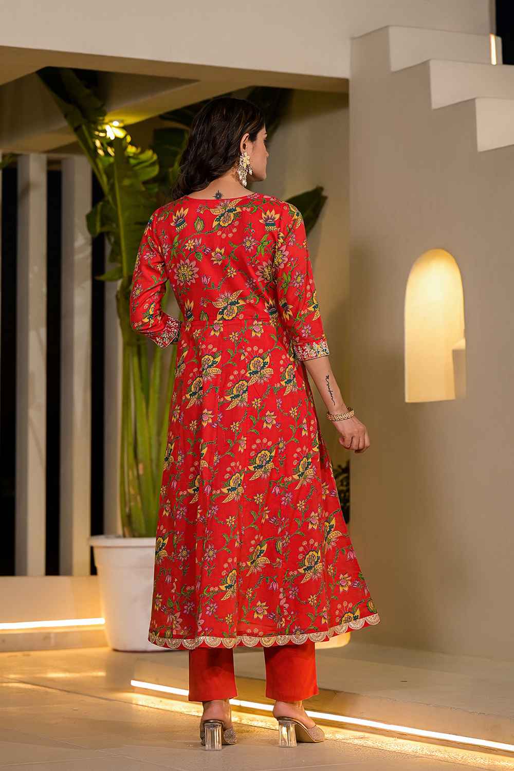 Red Floral Print Embroidered Cotton Kurta Set