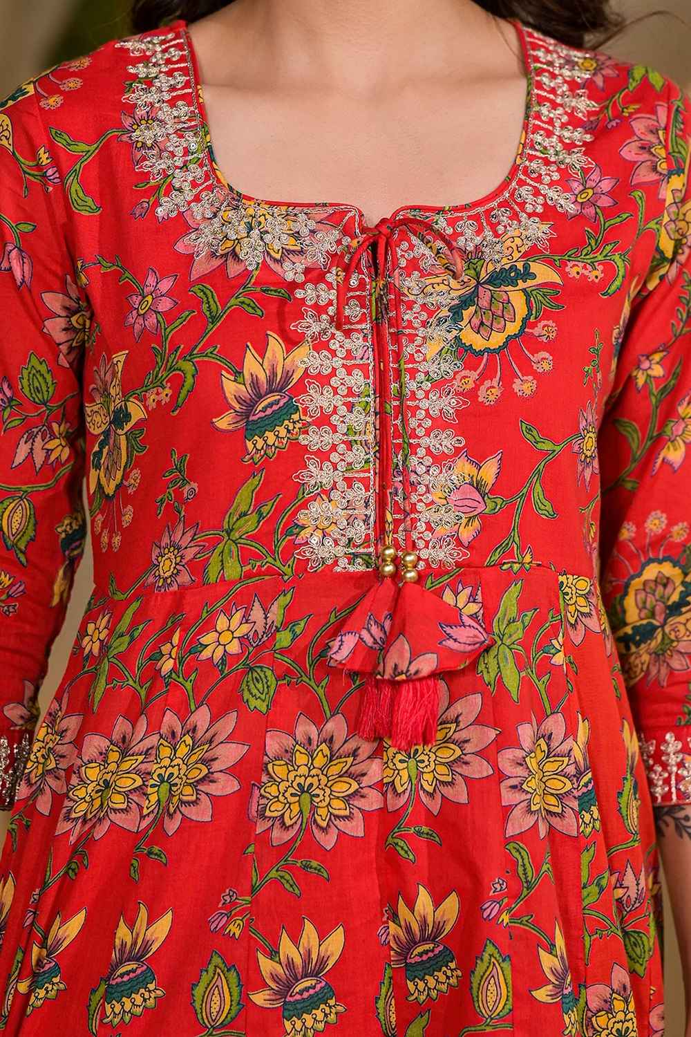 Red Floral Print Embroidered Cotton Kurta Set