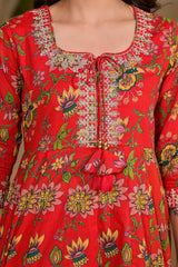 Red Floral Print Embroidered Cotton Kurti Set