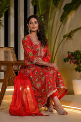 Red Floral Print Embroidered Cotton Kurti Set