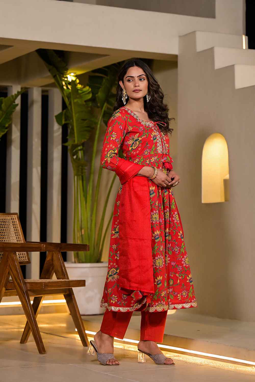 Red Floral Print Embroidered Cotton Kurta Set