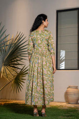 Green Floral Print Sequins Work Pure Cotton Dress