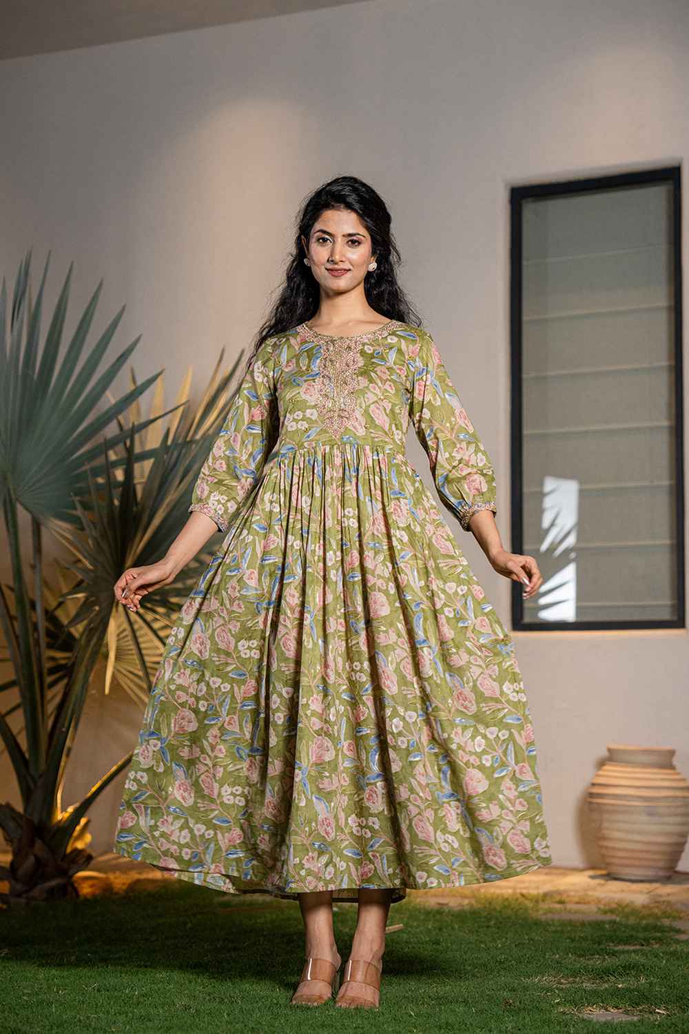 Green Floral Print Sequins Work Pure Cotton Dress