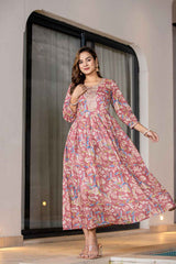 Pink Floral Print Sequins Work Pure Cotton Dress