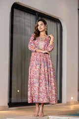 Pink Floral Print Sequins Work Pure Cotton Dress