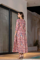 Pink Floral Print Sequins Work Pure Cotton Dress