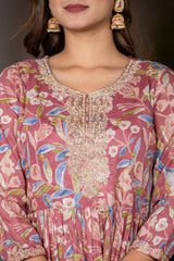 Pink Floral Print Sequins Work Pure Cotton Dress