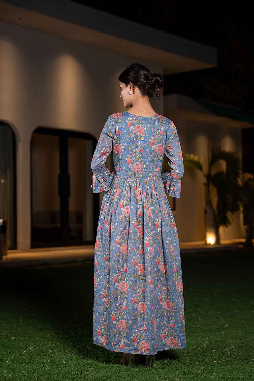 Blue Floral Print Embellished Pure Cotton Dress