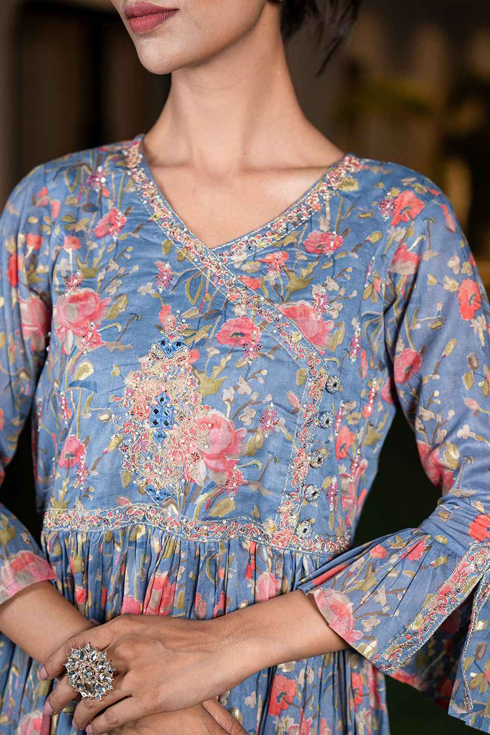 Blue Floral Print Embellished Pure Cotton Dress