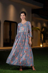 Blue Floral Print Embellished Pure Cotton Dress