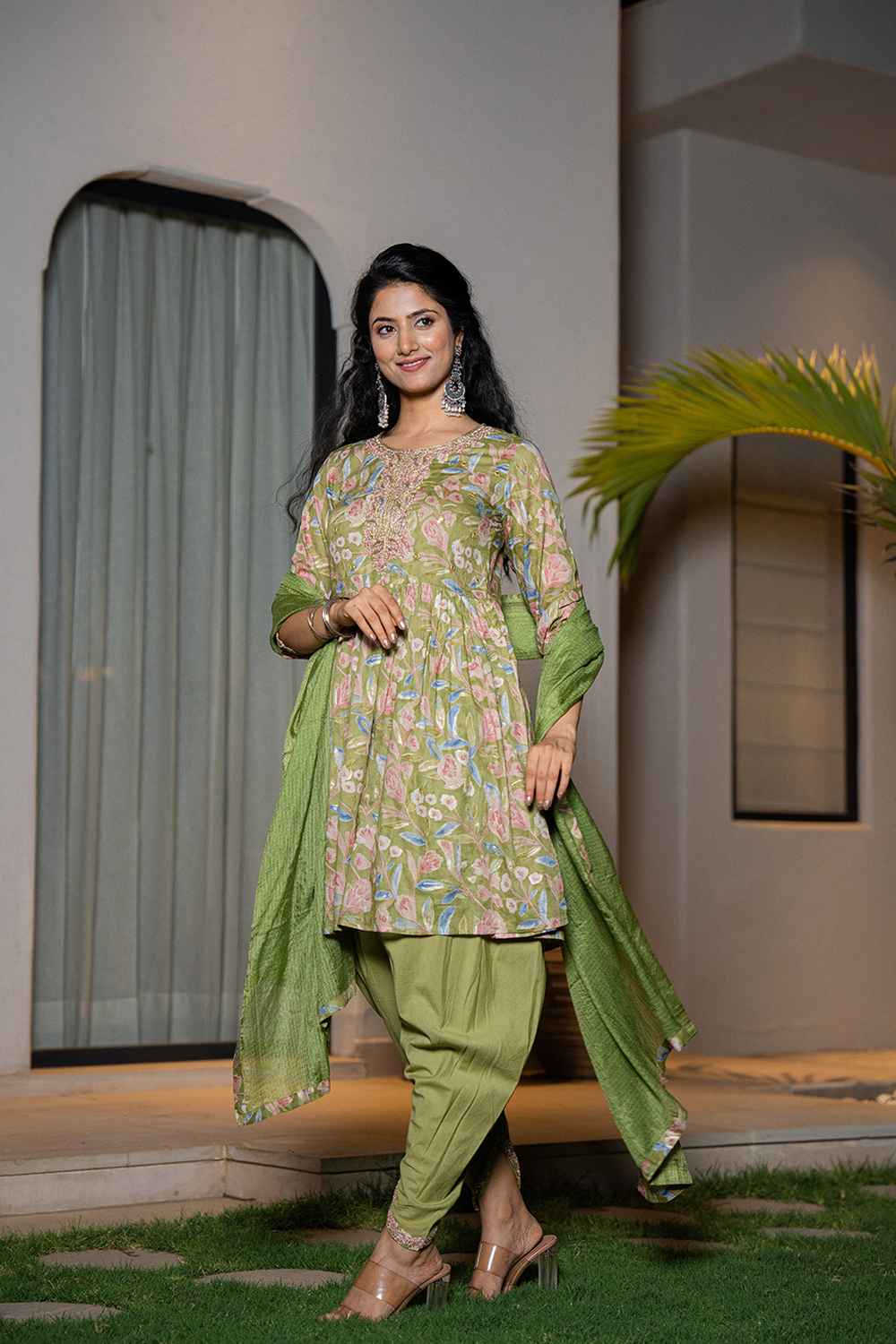 Green Floral Print Sequins Work Pure Cotton Kurti Set