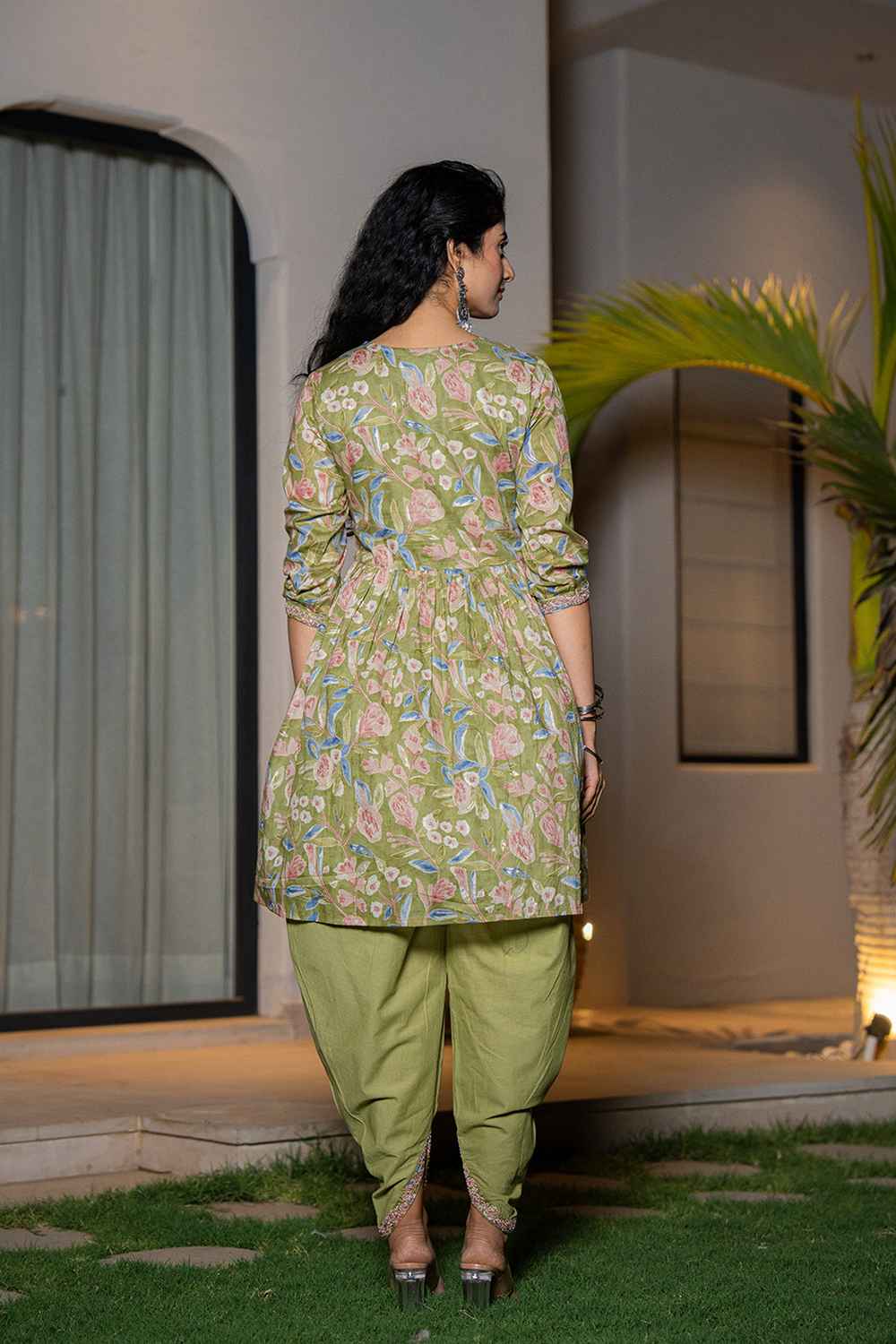 Green Floral Print Sequins Work Pure Cotton Kurta Set