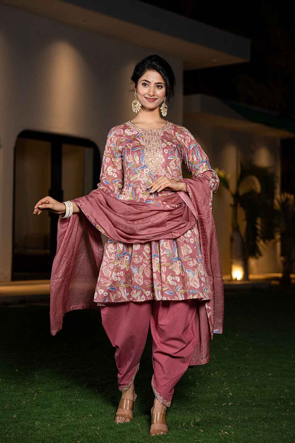 Pink Floral Print Sequins Work Pure Cotton Kurta Set