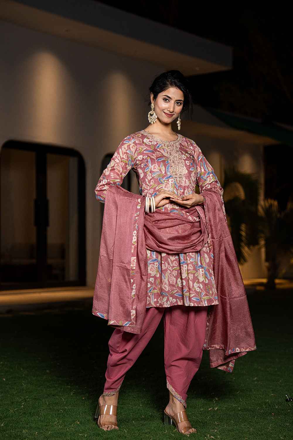 Pink Floral Print Sequins Work Pure Cotton Kurta Set