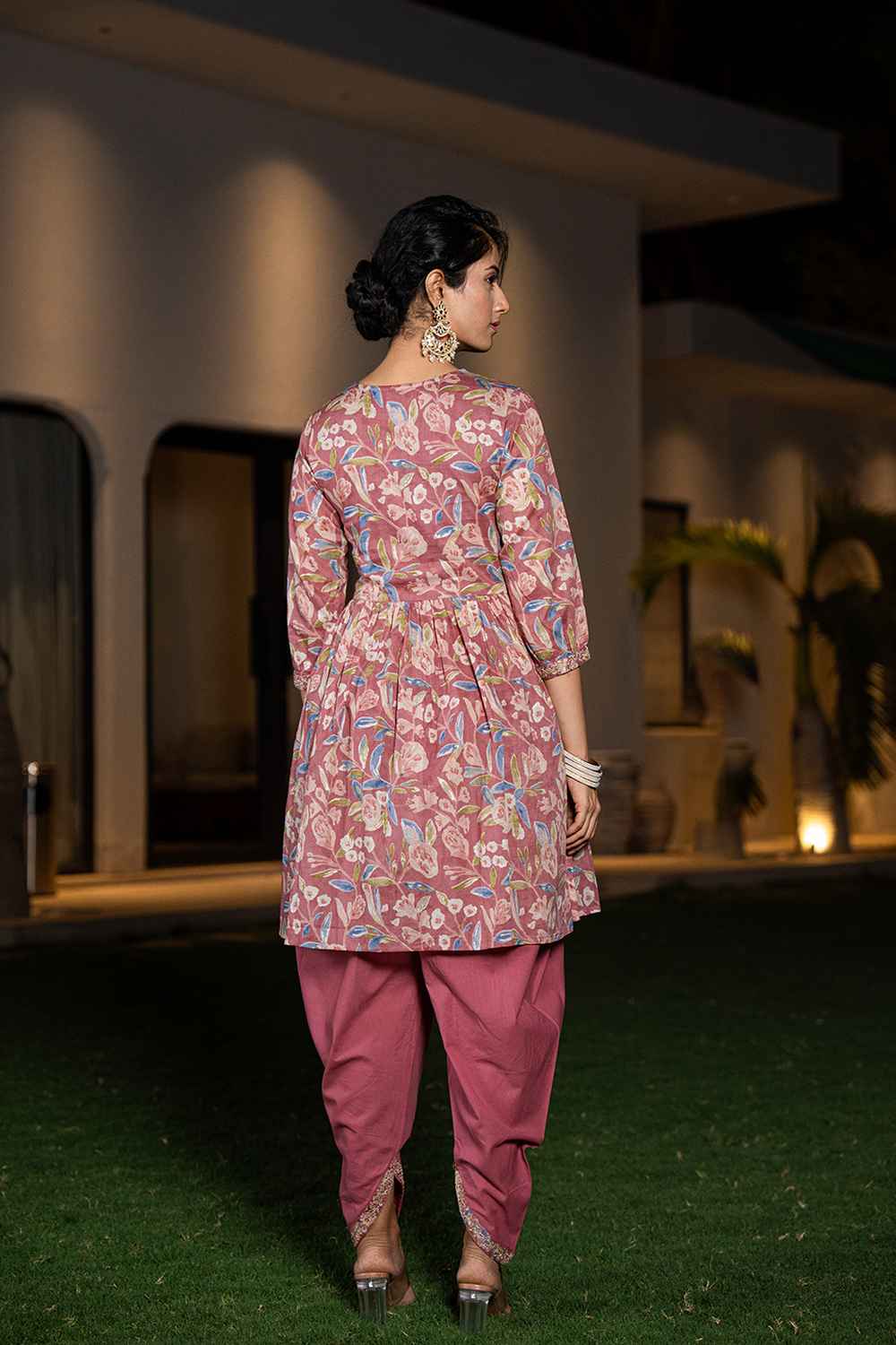 Pink Floral Print Sequins Work Pure Cotton Kurti Set