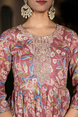 Pink Floral Print Sequins Work Pure Cotton Kurti Set