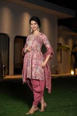 Pink Floral Print Sequins Work Pure Cotton Kurta Set