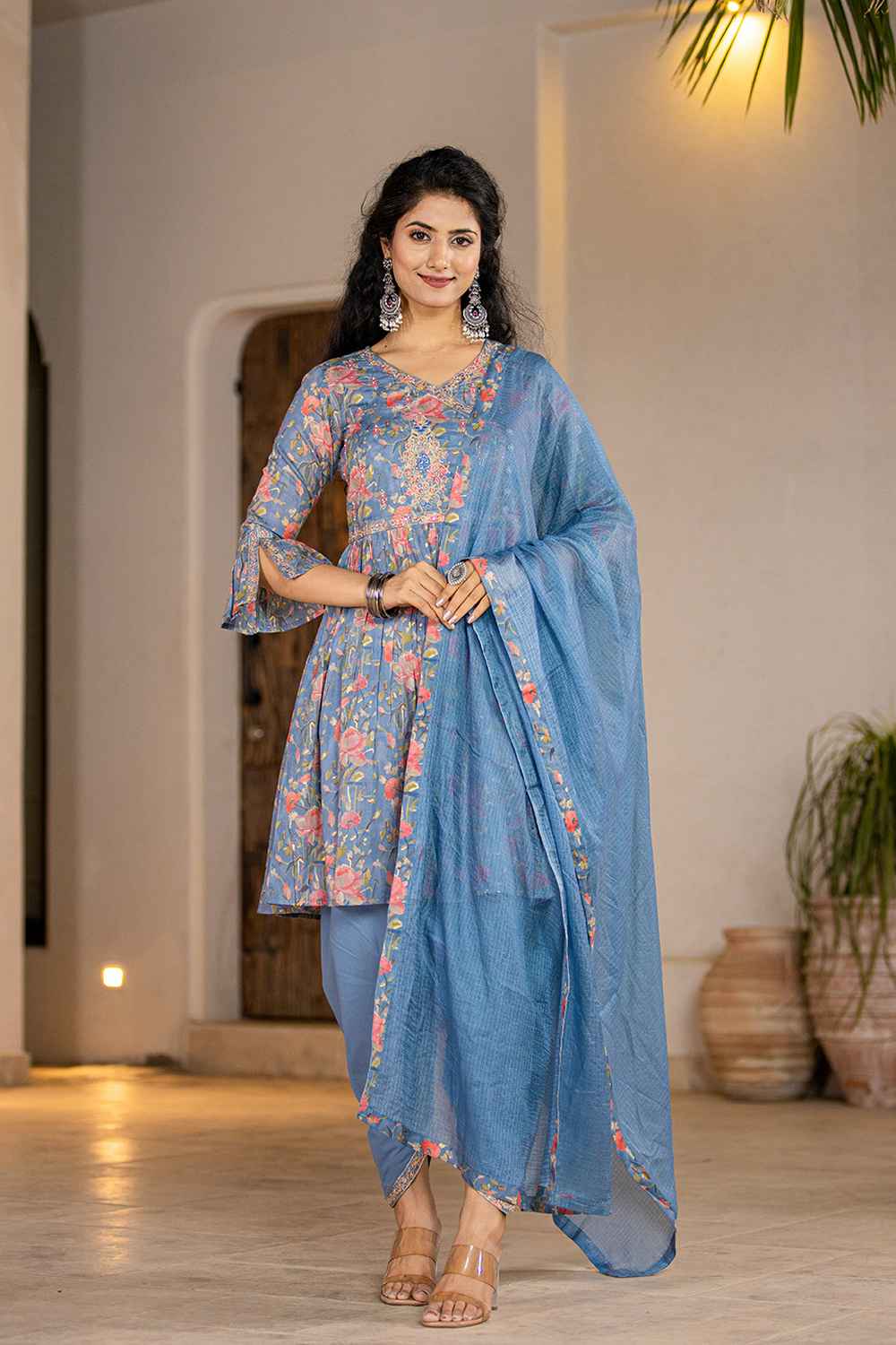 Blue Floral Print Beads and Stones Embossed Pure Cotton Kurti Set