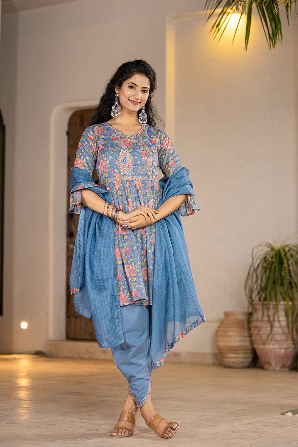 Blue Floral Print Beads and Stones Embossed Pure Cotton Kurta Set