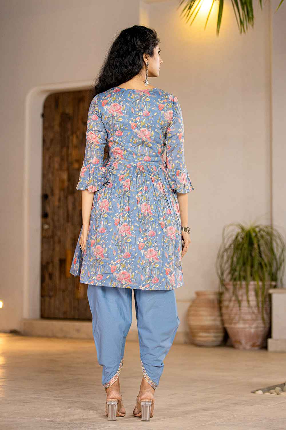 Blue Floral Print Beads and Stones Embossed Pure Cotton Kurta Set