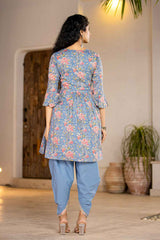 Blue Floral Print Beads and Stones Embossed Pure Cotton Kurta Set