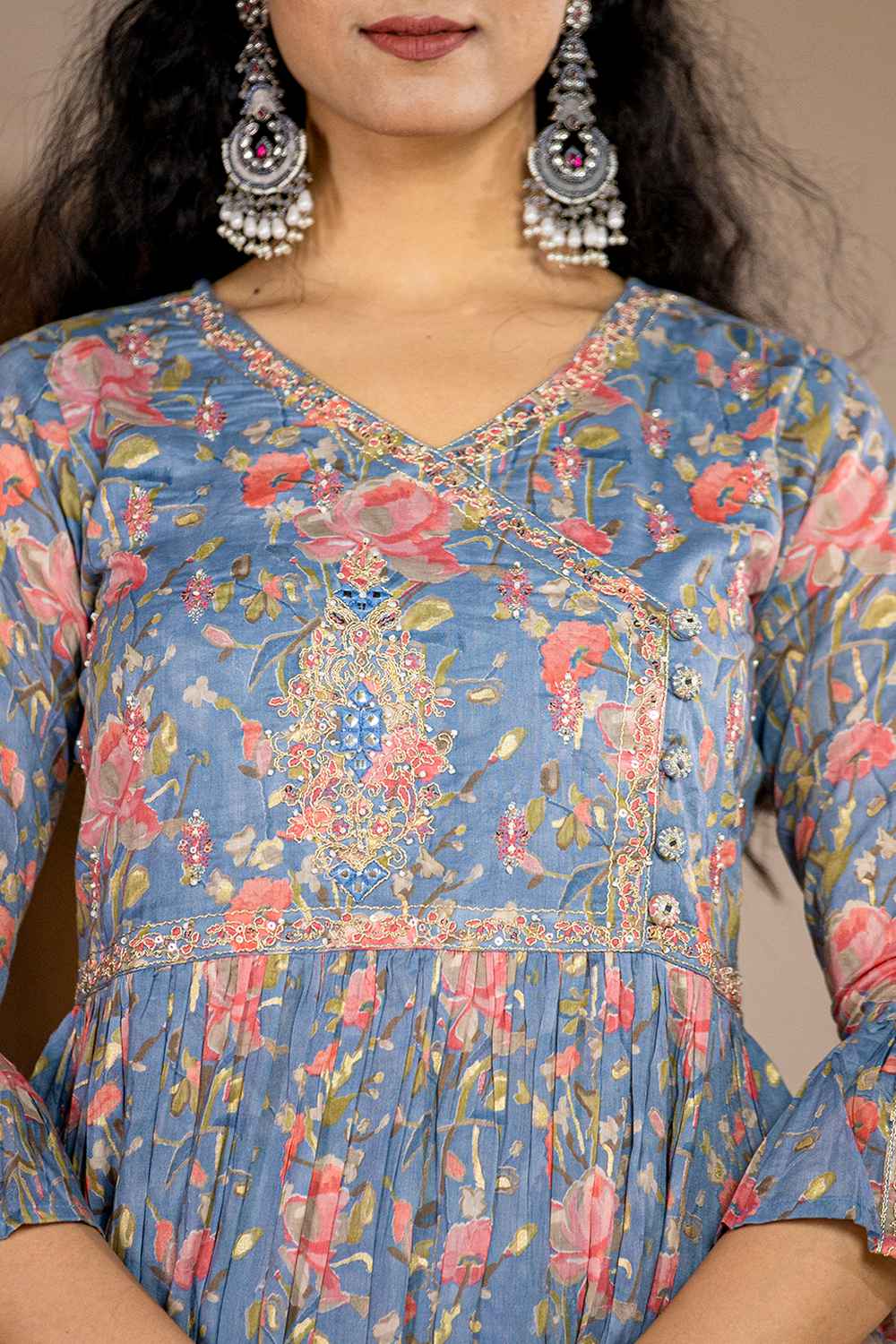 Blue Floral Print Beads and Stones Embossed Pure Cotton Kurti Set