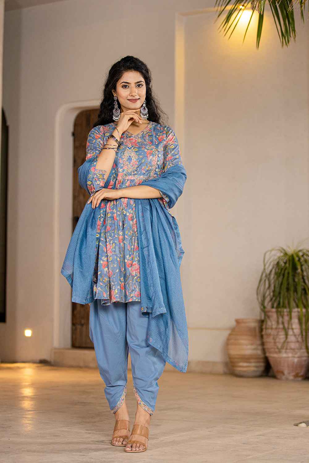 Blue Floral Print Beads and Stones Embossed Pure Cotton Kurta Set