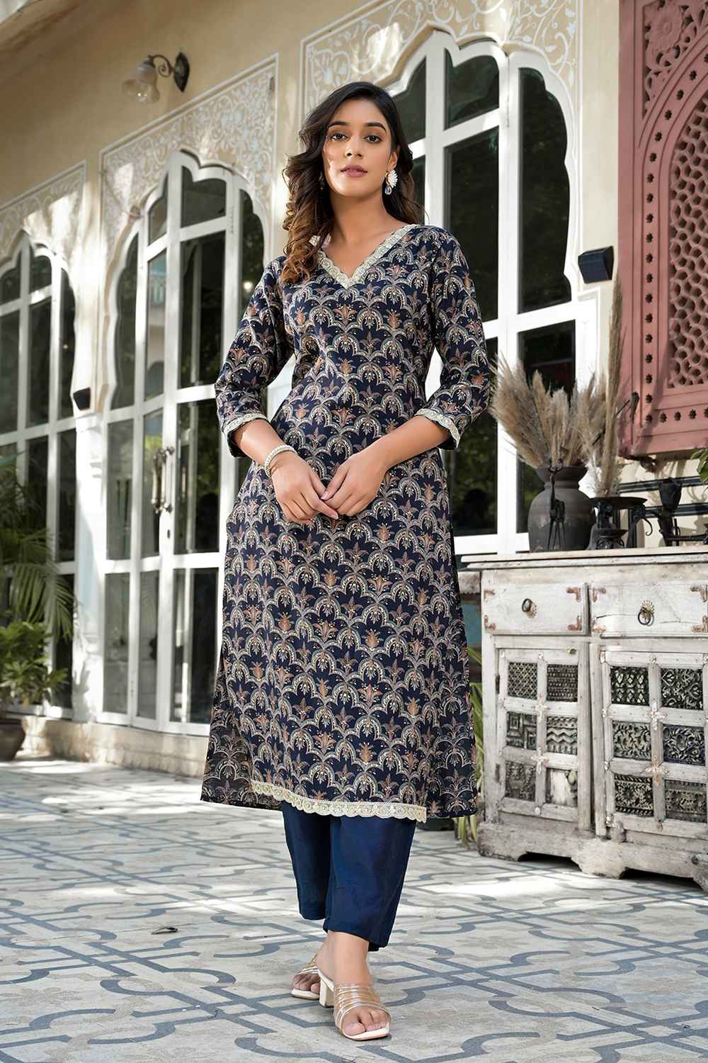 Blue Printed Zari Work Silk Kurti Set