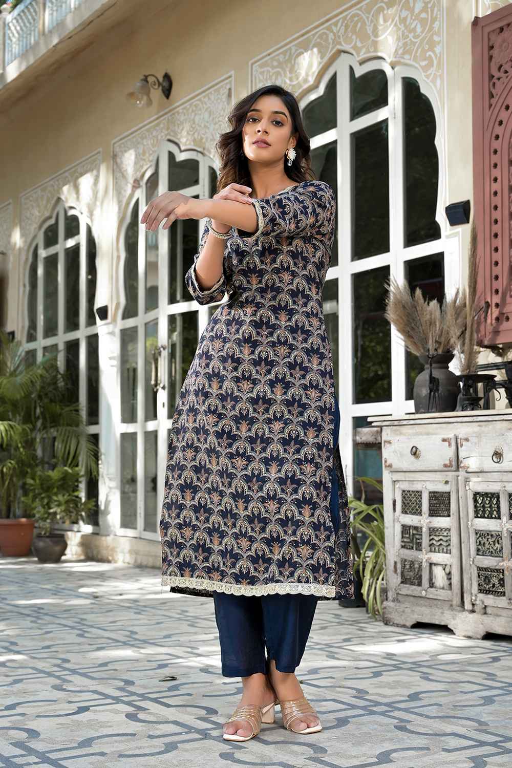 Blue Printed Zari Work Silk Kurti Set