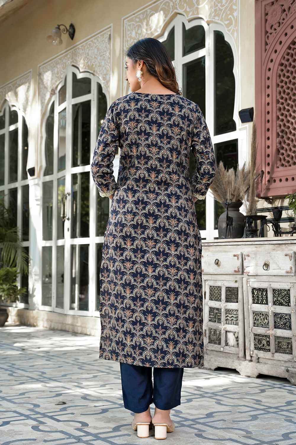 Blue Printed Zari Work Silk Kurti Set