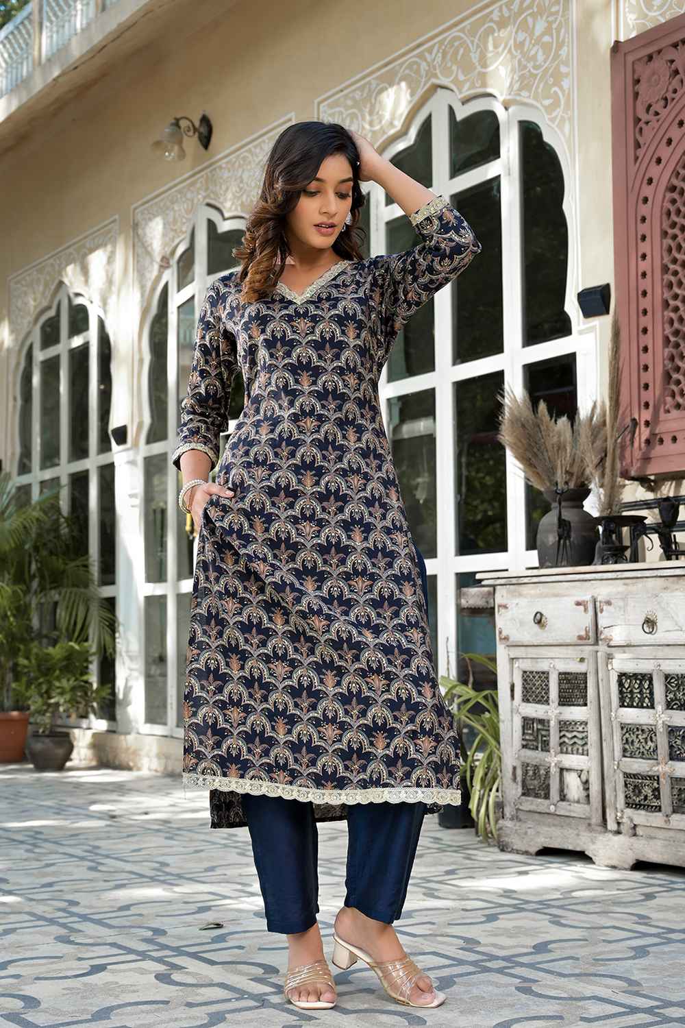 Blue Printed Zari Work Silk Kurti Set