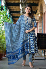 Blue Floral Print Embroidered Pure Cotton Kurta Set