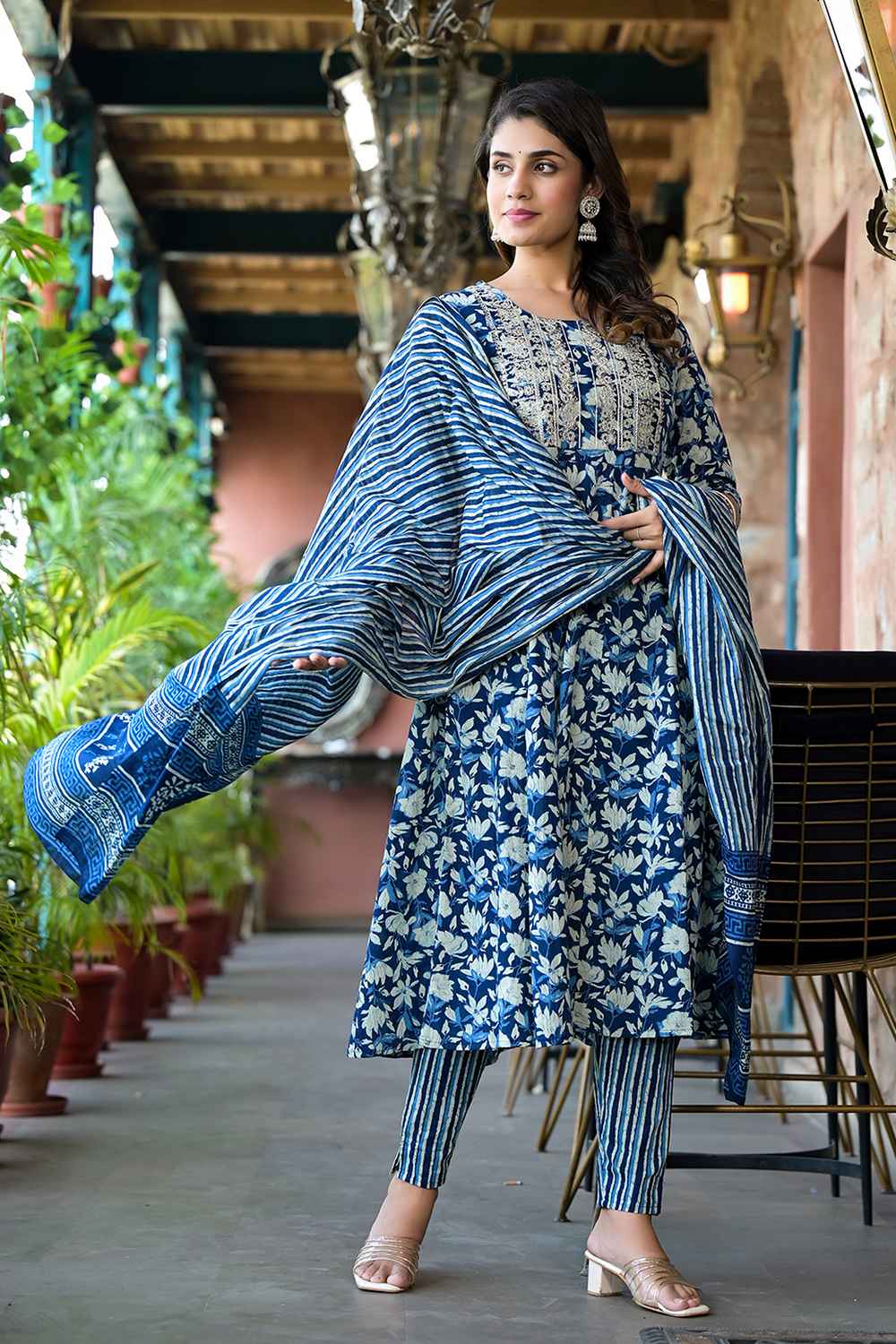 Blue Floral Print Embroidered Pure Cotton Kurta Set