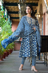 Blue Floral Print Embroidered Pure Cotton Kurti Set