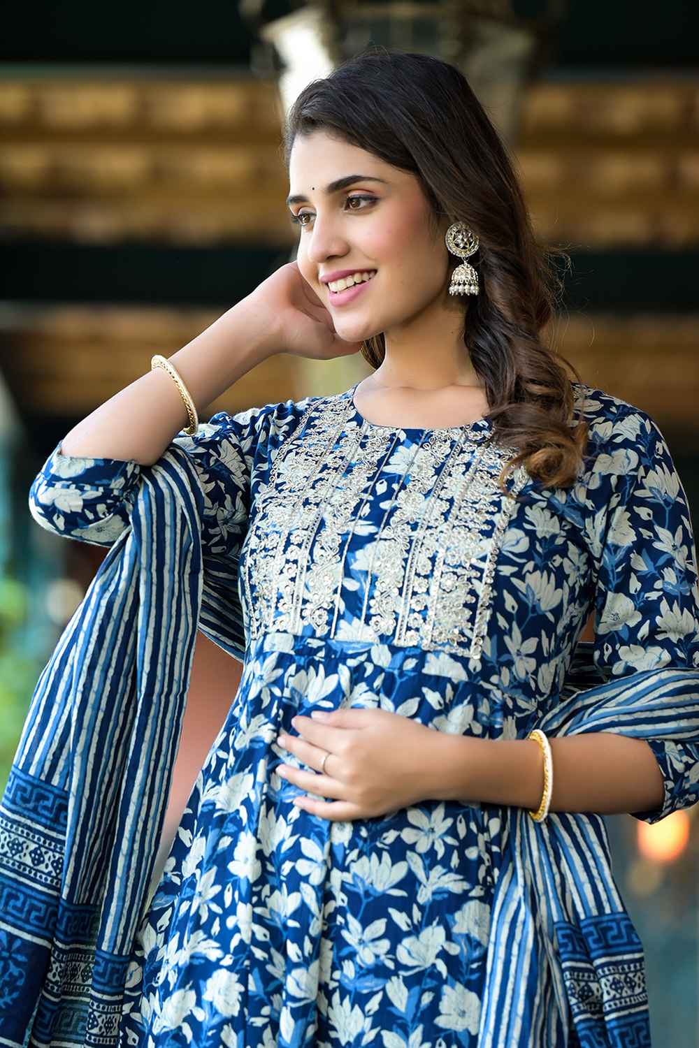 Blue Floral Print Embroidered Pure Cotton Kurta Set