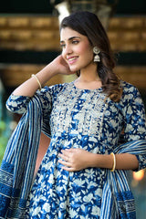 Blue Floral Print Embroidered Pure Cotton Kurta Set