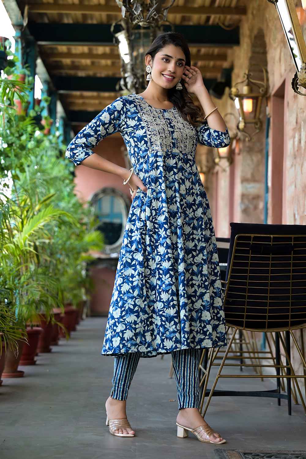 Blue Floral Print Embroidered Pure Cotton Kurti Set