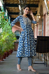 Blue Floral Print Embroidered Pure Cotton Kurta Set