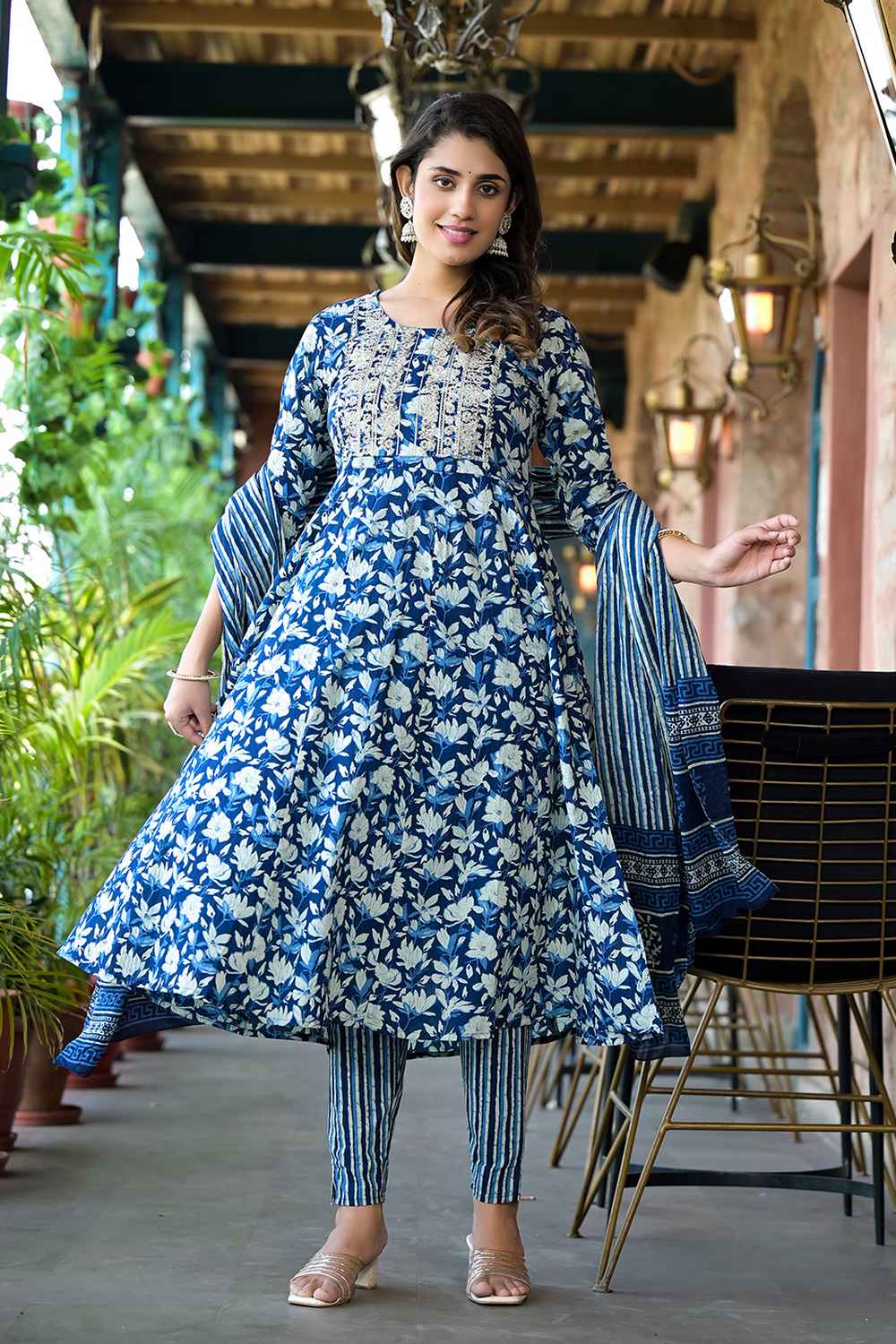 Blue Floral Print Embroidered Pure Cotton Kurta Set