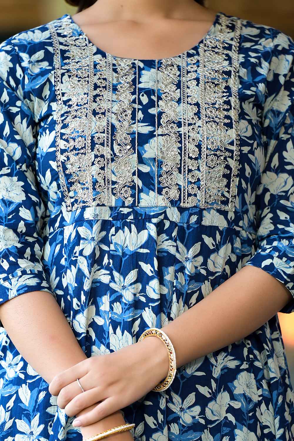 Blue Floral Print Embroidered Pure Cotton Kurta Set