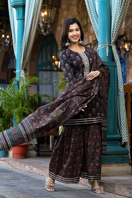 Black Floral Print Zari Work Pure Cotton Kurta Set