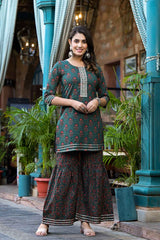 Green Floral Print Zari Work Pure Cotton Kurta Set