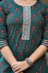 Green Floral Print Zari Work Pure Cotton Kurti Set