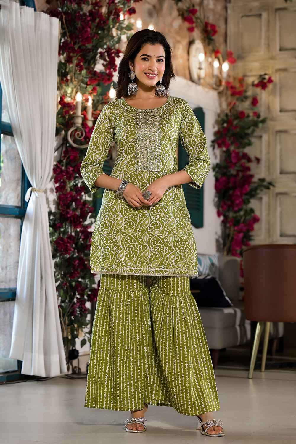 Olive Ethnic Motifs Zari Work Pure Cotton Kurta Set