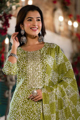 Olive Ethnic Motifs Zari Work Pure Cotton Kurti Set