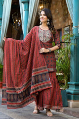 Red Ethnic Motifs Embroidered Pure Cotton Kurta Set