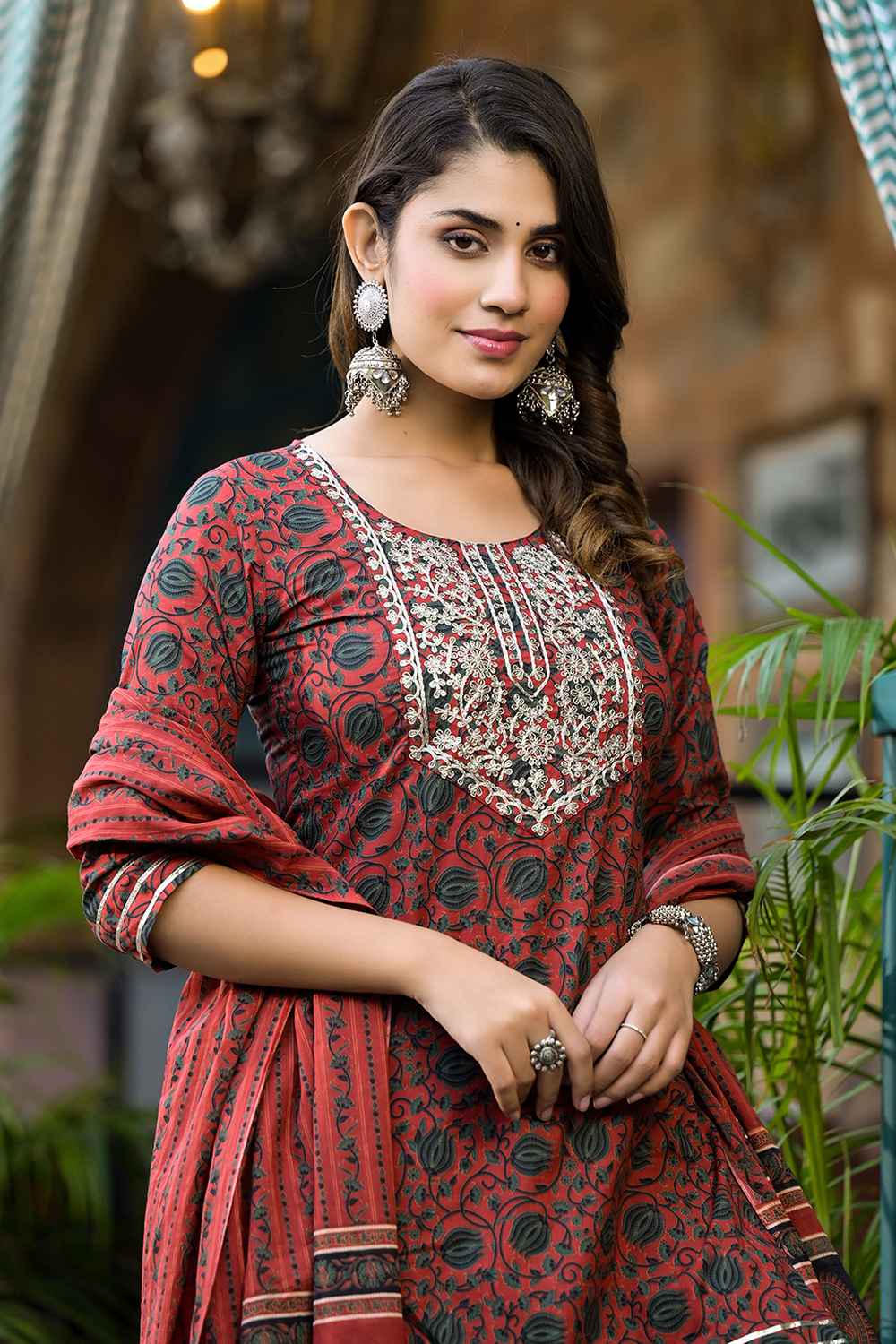 Red Ethnic Motifs Embroidered Pure Cotton Kurti Set