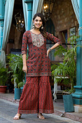 Red Ethnic Motifs Embroidered Pure Cotton Kurta Set