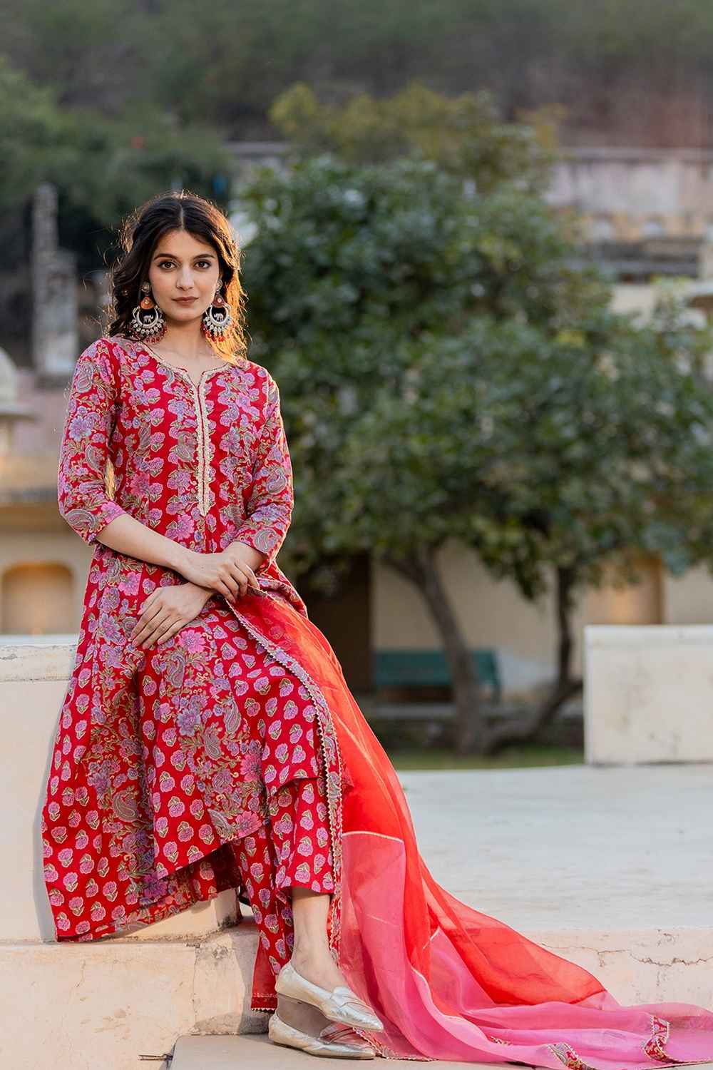 Red Floral Print Thread Work Pure Cotton Kurta Set